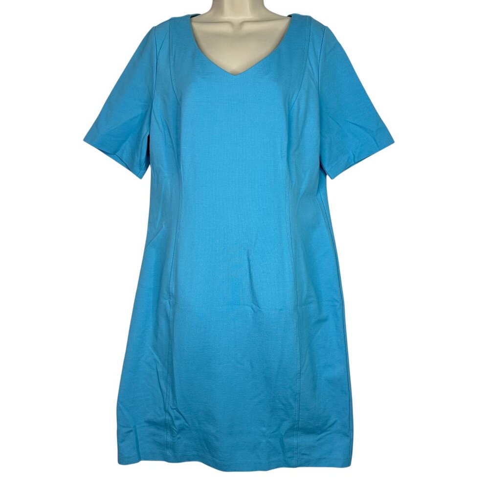 Talbots Blue Sheath Dress Size 14 V-Neck‎ Short Sleeve Back Zip Office Career
